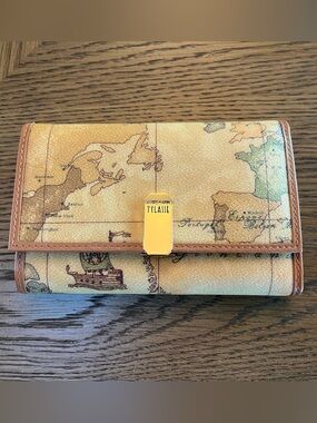 NWT Alviero Martini 1ª Classe Geo Map Continental Wallet Tan Brown Leather Italy